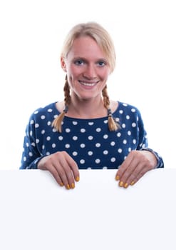 A Happy Laughing Woman With a Banner With Copyspace, Isolated
