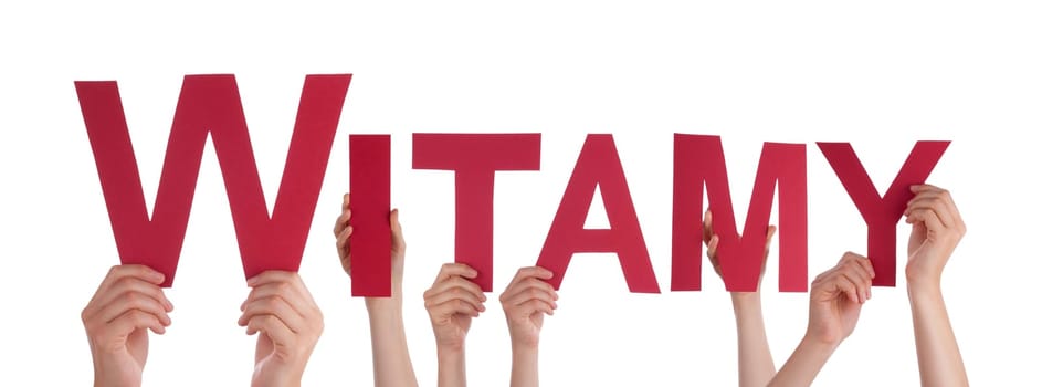 Many Hands Holding the Red Polish Word Witamy Which Means Welcome