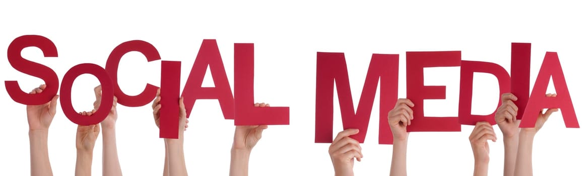 Many Hands Building the Red Words Social Media, Isolated