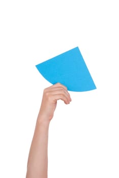 A Hand Holds a Blue Piece of Paper With Copyspace, Isolated