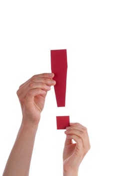Hands Holding a Red Interrogation Mark, Isolated
