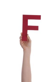 A Hand Holds a Red F, Isolated