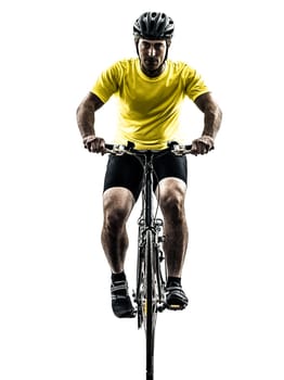 one caucasian man exercising bicycle mountain bike   on white background