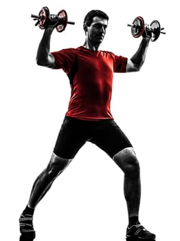 one caucasian man exercising weight training   on white background