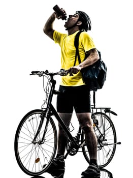 one caucasian man exercising bicycle mountain bike drinking   on white background