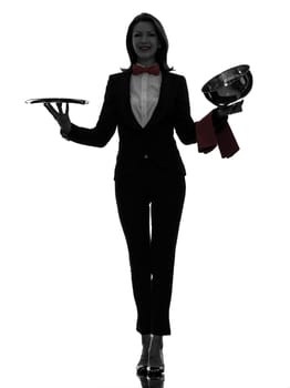 one caucasian woman waiter butler opening catering dome in silhouette  on white background