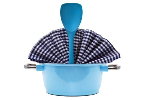 Blue cooking pot and kitchen utensils insulated on white