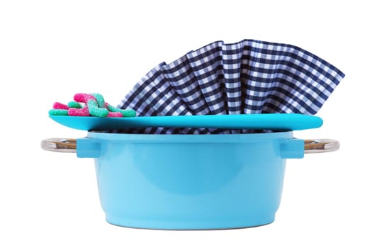 Blue cooking pot and kitchen utensils insulated on white