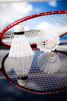 Shuttlecock on badminton racket