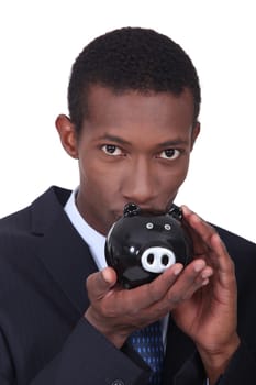 portrait of a man with money box