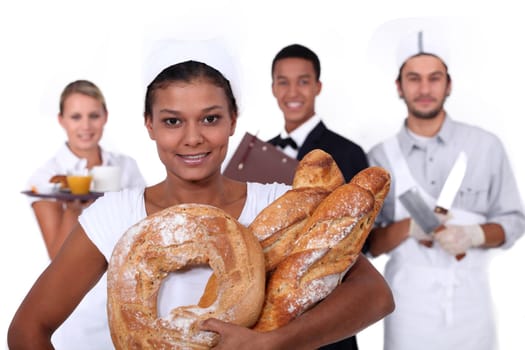 young bakery sales girl and staff of food and catering industry
