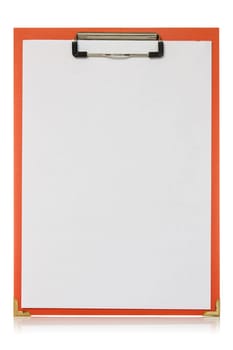 Red clipboard with blank paper sheet on the white background