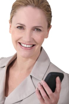 Cheerful woman sending message