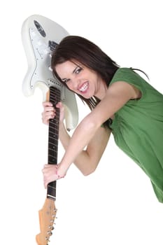 Crazy woman throwing guitar in air