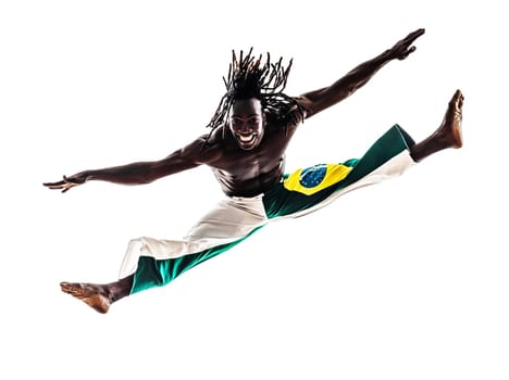 one brazilian  black man dancer dancing capoiera on white background