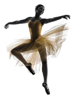 one  woman   ballerina ballet dancer dancing in silhouette on white background