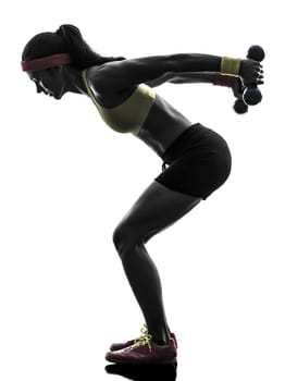 one  woman exercising fitness workout weight training in silhouette  on white background