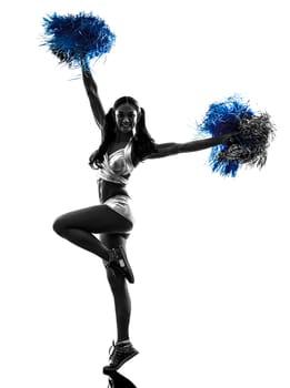one young woman cheerleader cheerleading  silhouette studio on white background