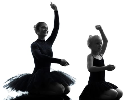 woman and  little girl   ballerina ballet dancer dancing in silhouette on white background