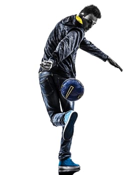 one caucasian young man soccer freestyler player  in silhouette  on white background