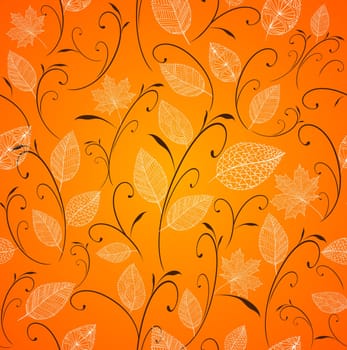Vintage style autumn tree leaves seamless pattern orange background. EPS10 vector file with transparency organized in layers for easy editing.
