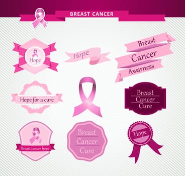Breast cancer awareness vintage ribbons and labels set. EPS10 vector file organized in layers for easy editing..