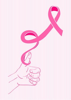 Breast cancer ribbon symbol awareness concept with human hand thumb up as collaboration concept illustration. EPS10 vector file with transparency organized in layers for easy editing.