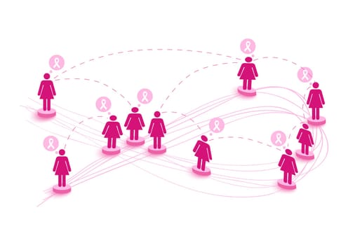 Collaboration breast cancer awareness concept illustration. Connecting social media women over World map. EPS10 vector file with transparency organized in layers for easy editing.