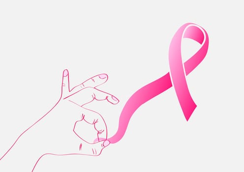 Breast cancer awareness ribbon symbol and human hand shape background. EPS10 vector file with transparency organized in layers for easy editing.