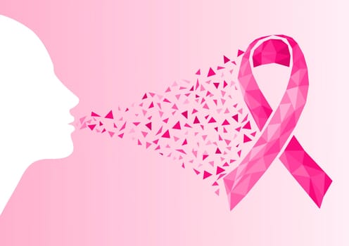 Breast cancer awareness ribbon symbol. Transparent triangles and human woman profile shape background. EPS10 vector file with transparency organized in layers for easy editing.