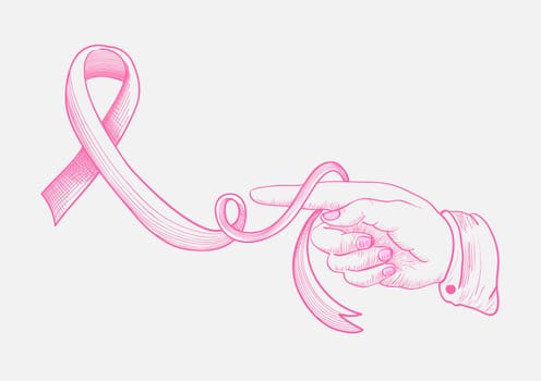 Breast cancer ribbon symbol awareness concept with human hand as consciousness concept illustration. EPS10 vector file with transparency organized in layers for easy editing.