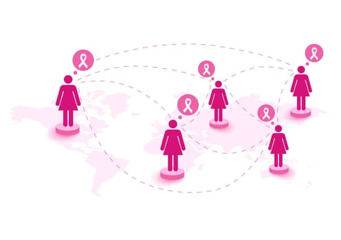 Global collaboration breast cancer awareness concept illustration. Connecting social media women over World map.. Connecting social media women over World map. EPS10 vector file with transparency organized in layers for easy editing.