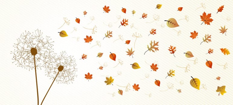 Abstract autumn composition. Dandelion with flying leaves and flower petals background illustration. EPS10 vector file organized in layers for easy editing.