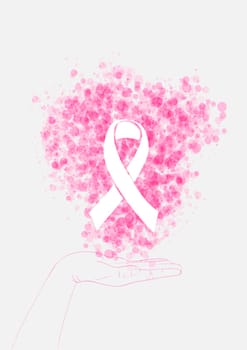 Global collaboration breast cancer awareness concept illustration. Human hand holds ribbon with bubbles. EPS10 vector file with transparency organized in layers for easy editing.