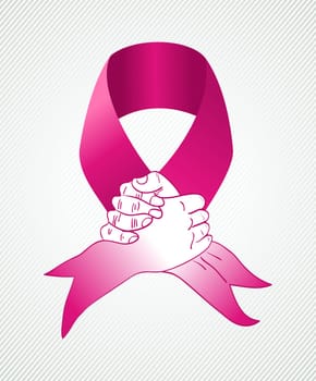 Global collaboration breast cancer awareness concept illustration. Human hands shake together creating a ribbon symbol. EPS10 vector file organized in layers for easy editing.