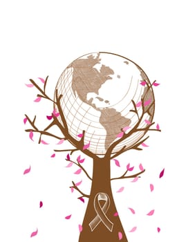 Global collaboration breast cancer awareness concept tree illustration with leaves and ribbon symbol. EPS10 vector file with transparency organized in layers for easy editing.