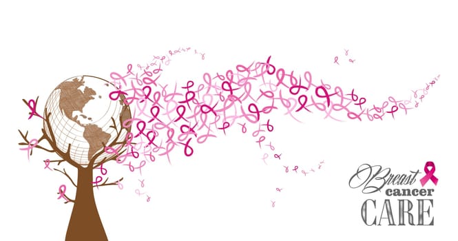 Global collaboration breast cancer awareness concept tree with flying ribbons illustration. EPS10 vector file with transparency organized in layers for easy editing.