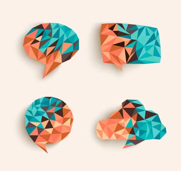 Trendy 3d geometric social media speech bubble compositions set. EPS10 vector file organized in layers for easy editing.