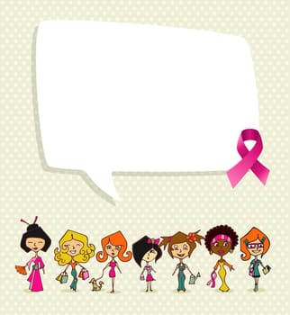 Breast cancer awareness concept illustration. Global diversity women communication idea, social media speech bubble and ribbon symbol. EPS10 vector file organized in layers for easy editing.