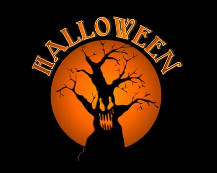 Halloween text over spooky tree and text inside orange full moon concept background. EPS10 Vector file organized in layers for easy editing.