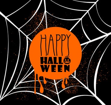 Happy Halloween pumpkin lantern and text inside orange circle over spider web banner with grunge background. EPS10 Vector file organized in layers for easy editing.