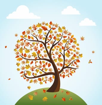 Vintage autumn composition. Tree with falling leaves over world illustration. EPS10 vector file organized in layers for easy editing.