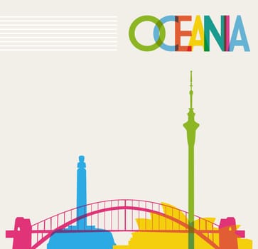 Diversity monuments of Oceania, famous landmarks colors transparency. Vector file organized in layers for easy editing.