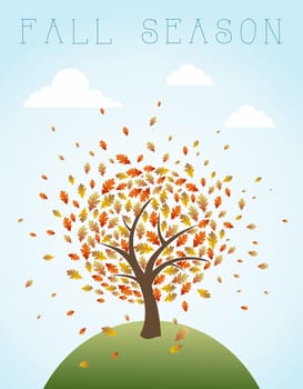 Vintage autumn composition. Tree with exploding leaves over world illustration. EPS10 vector file organized in layers for easy editing.
