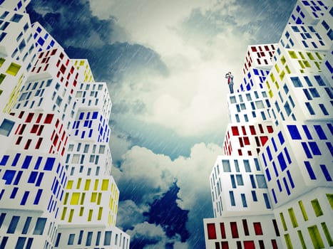 man with binocular on abstract building