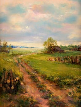Landscape painted with oil paints on canvas - retro