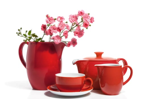 Summer Red dishes with pink roses,insulated on white