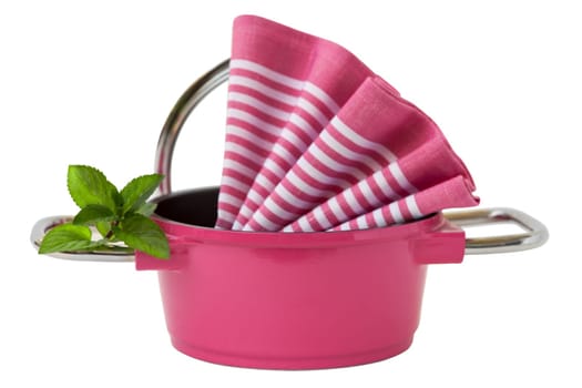 Cooking pot with kitchen towel,mint clipping on white