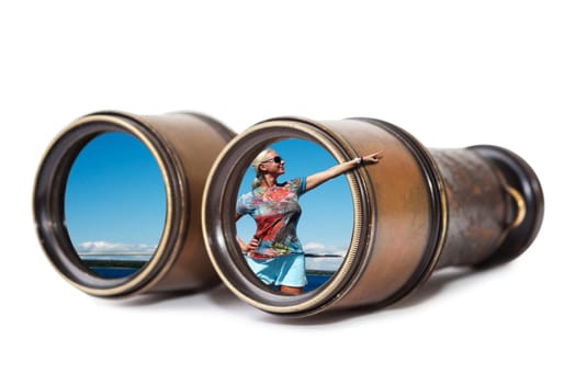 new horizons made of antique binoculars,isolated on a white background