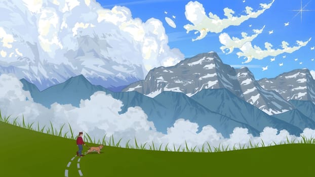 The Young men and dog walking on the grass through the mountain
